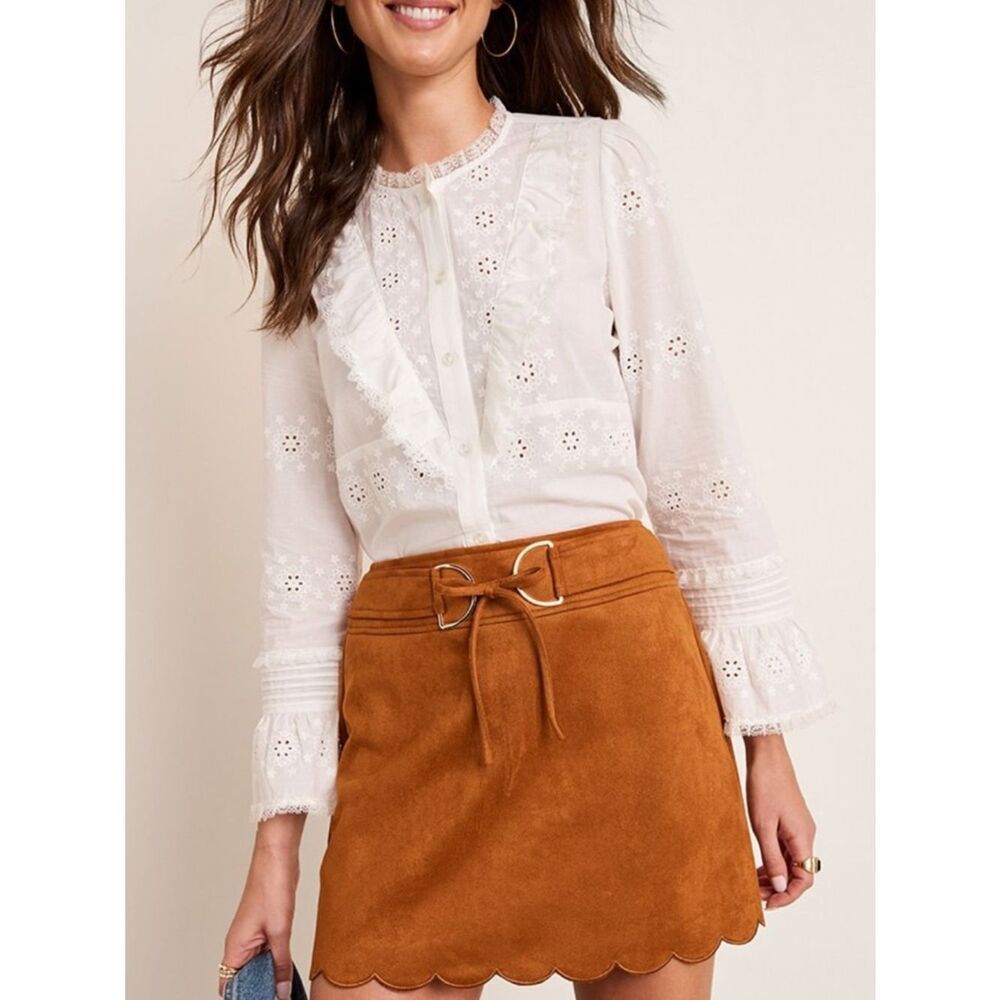 francesca’s Alexis White Eyelet Lace Floral Ruffle Long Sleeve Button Blouse